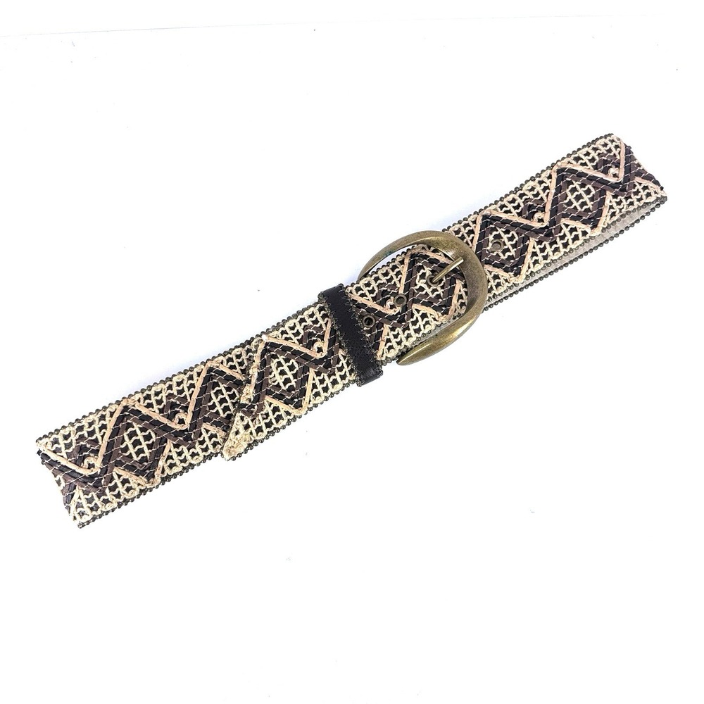Womens Woven Geometric Wide Belt Black Tan Embroidered Brass Oval Buckle 40in